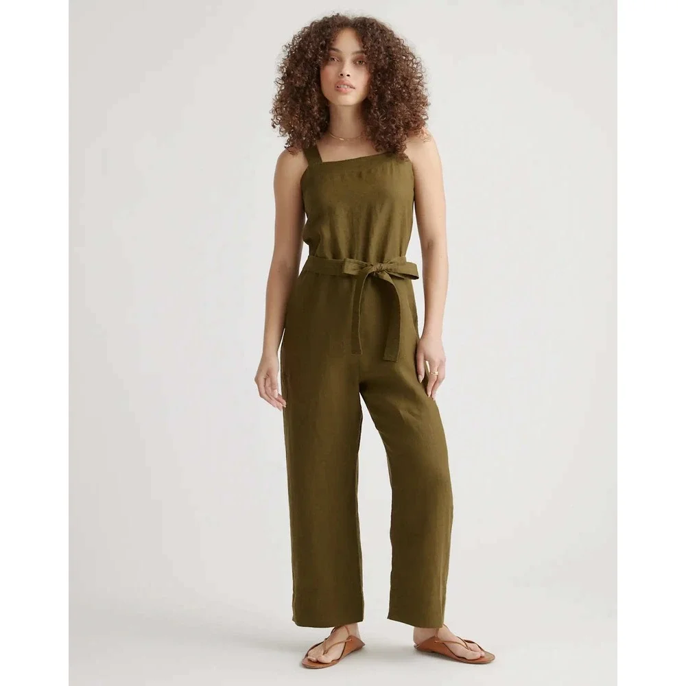 Quince 100% European Linen Square Neck Jumpsuit Martini Olive XL NWT
